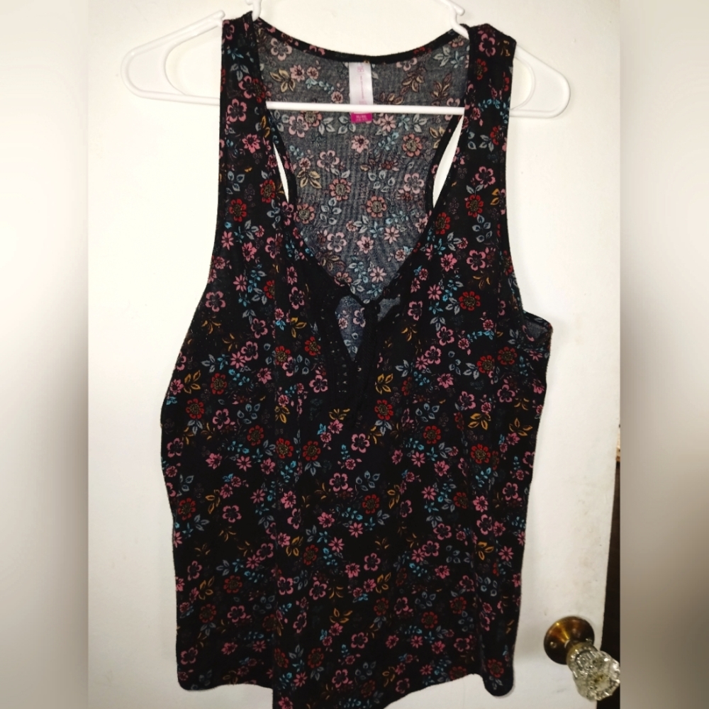 Racer Back Tank top, multi color flowers on black, XL/XG(15-17)